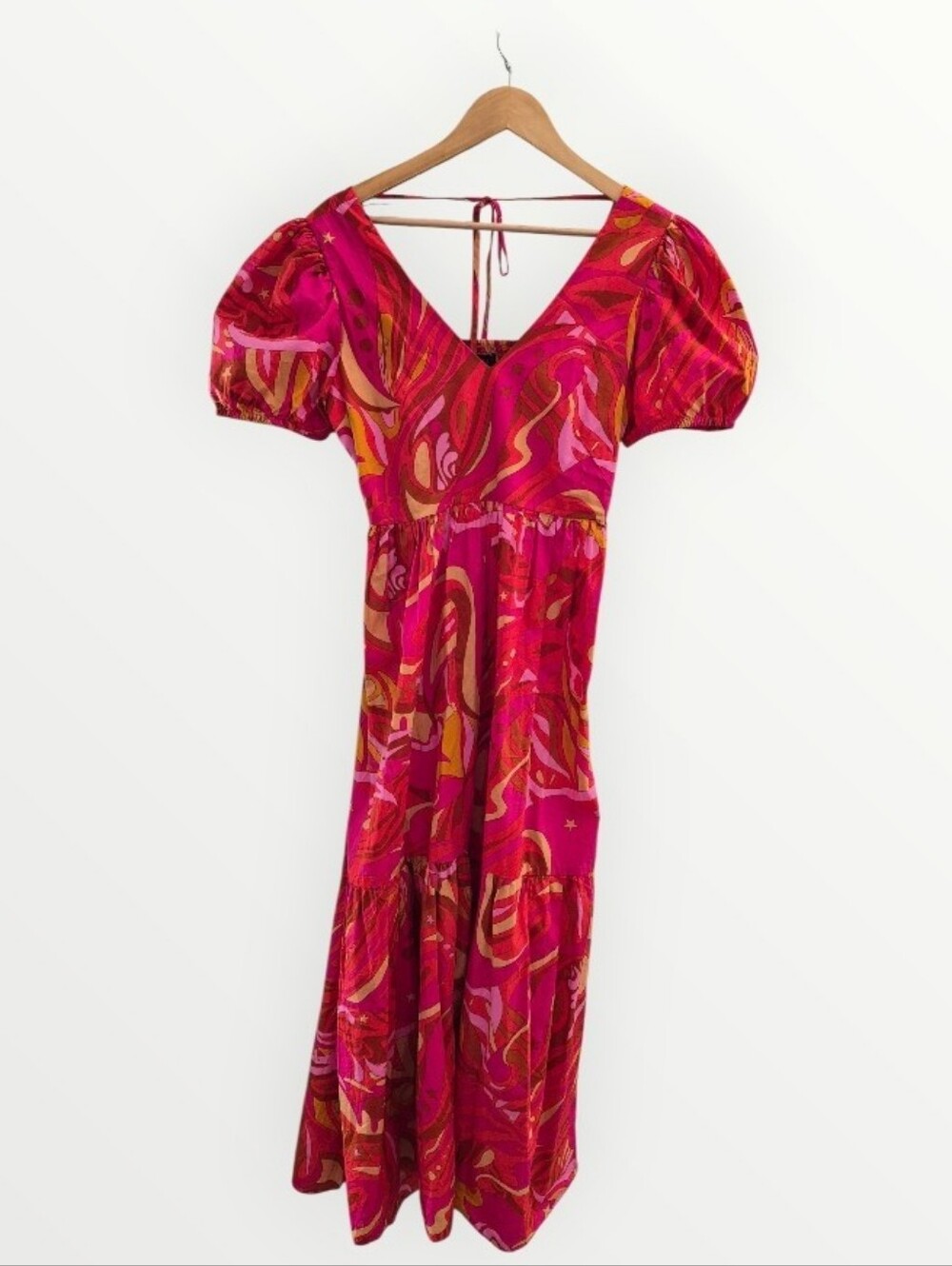 Anthropologie 1.State pink printed puff sleeve Maxi dress v-neck Smocked cut-out - Picture 2 of 9
